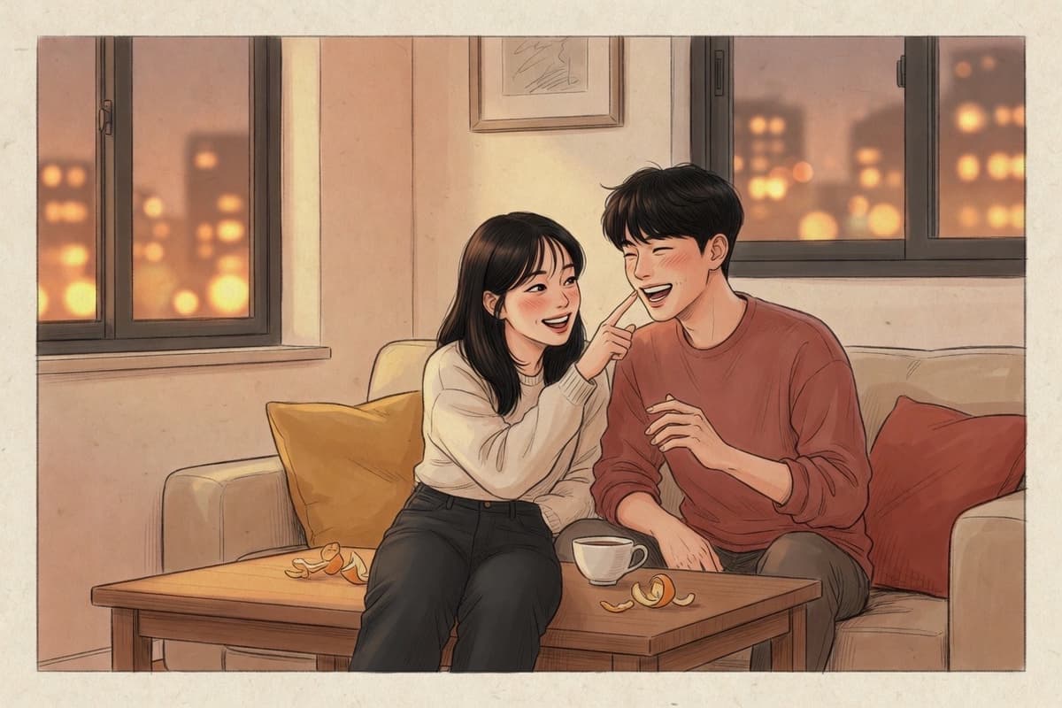 A young Korean couple in their mid-twenties on a sofa, one teasing the other with a baby nickname while both laugh