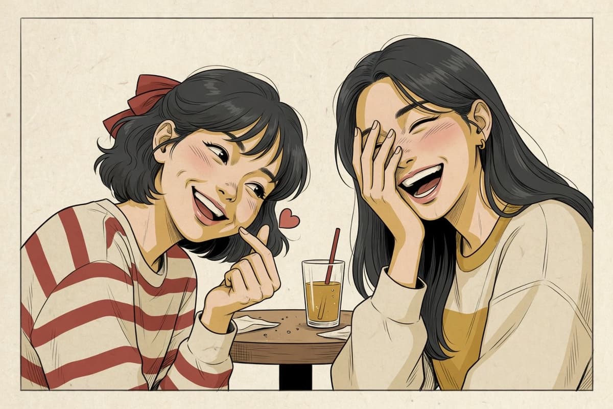 At a cozy cafe table, a young woman tilts her head with a playful hand-heart while her friend laughs and half-covers their face