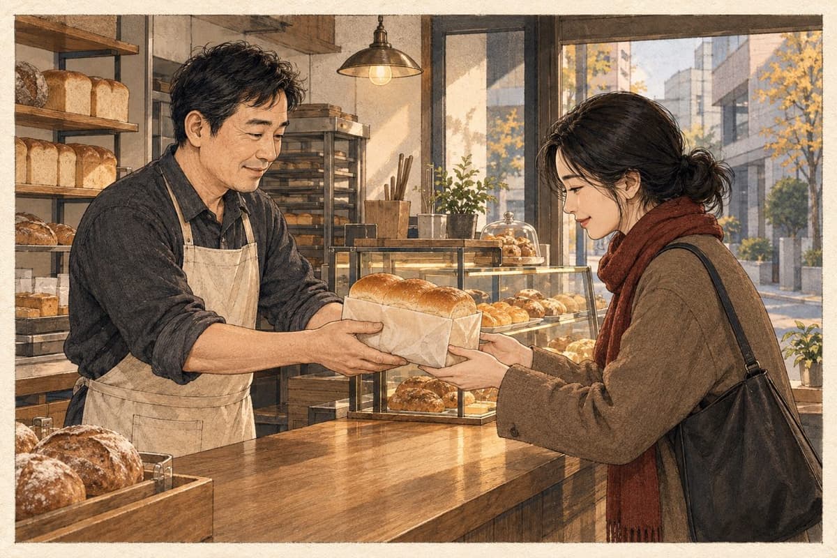 A 48-year-old Korean baker hands a paper-wrapped loaf to a 27-year-old customer across a neighborhood bakery counter