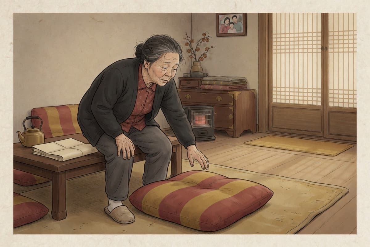 A Korean grandmother in her seventies lowers herself onto a floor cushion with one hand on her knee, face mid-sigh