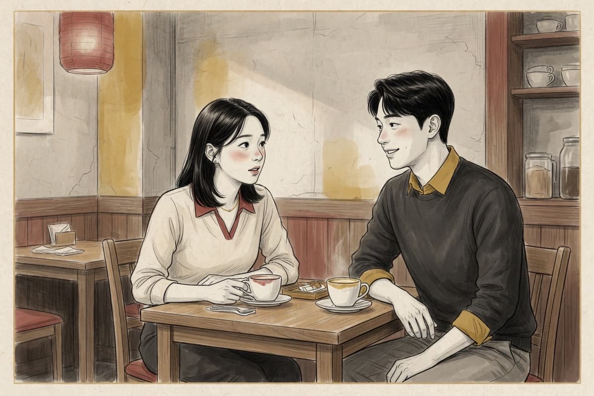 Two Korean colleagues in their late twenties at a cafe, one asking something carefully while the other smiles and agrees