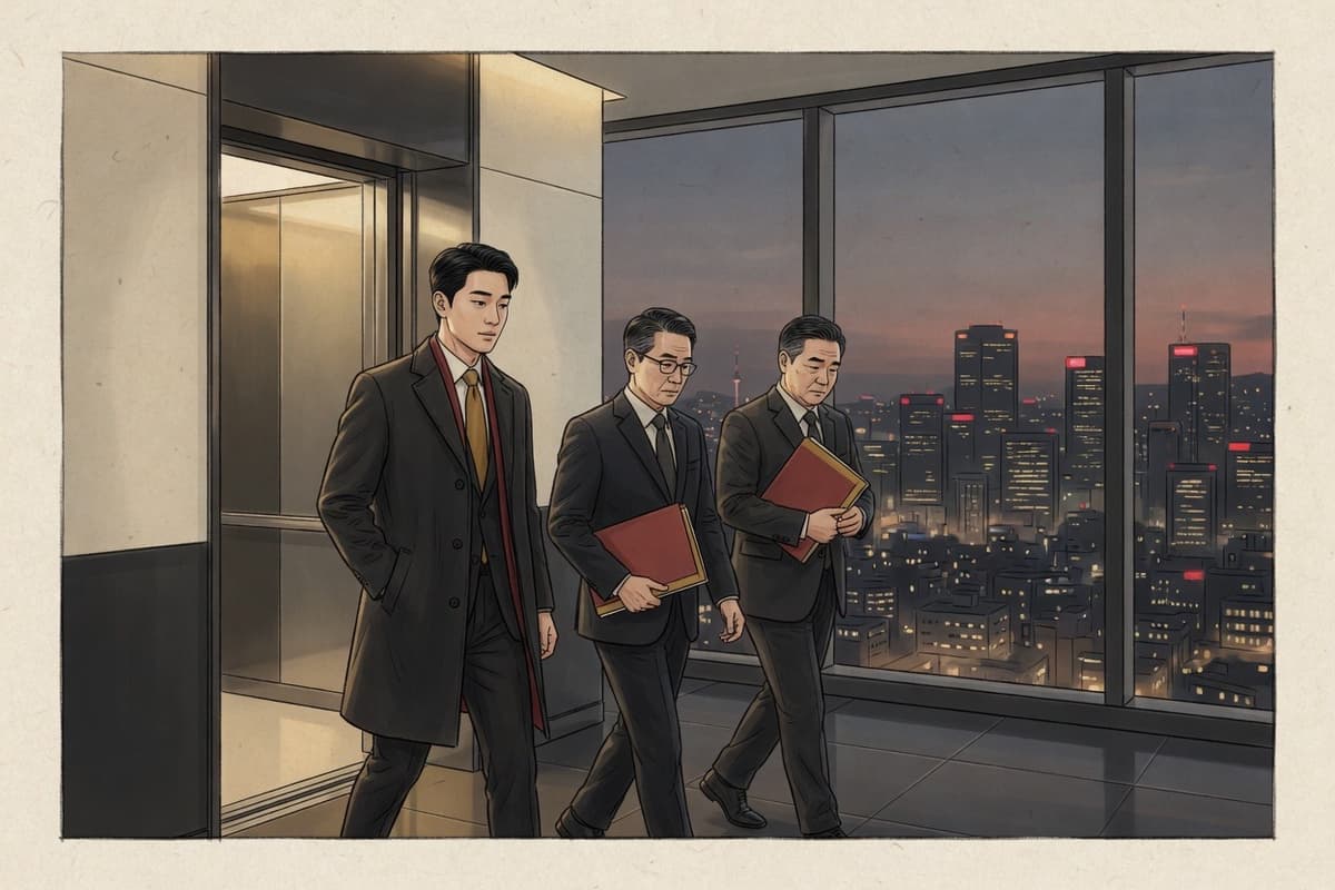 A young heir in an expensive coat steps out of a high-rise elevator at dusk while two older assistants fall into step behind him