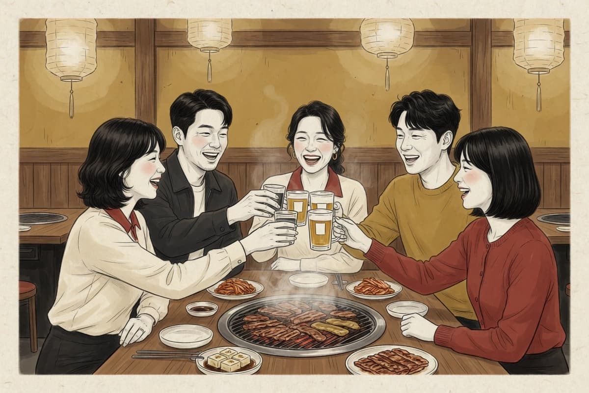Five Korean adults in their twenties to forties raise soju and beer glasses together mid-toast at a restaurant table