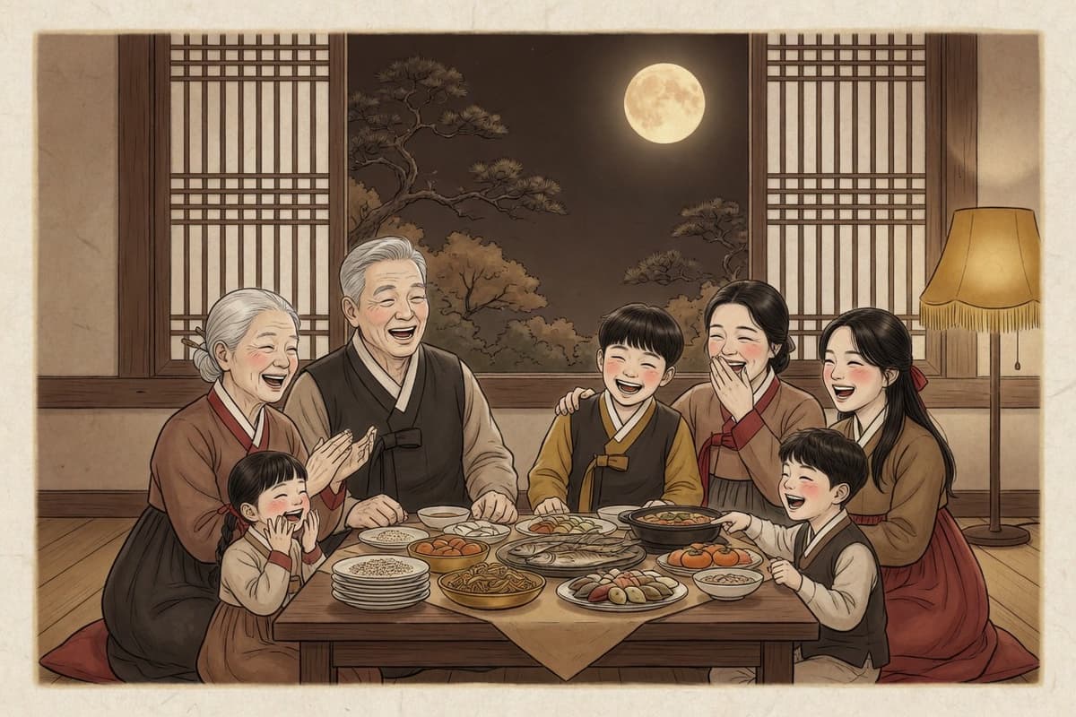 Three generations of a Korean family laugh around a low holiday table piled with food, a full moon visible through the window behind them