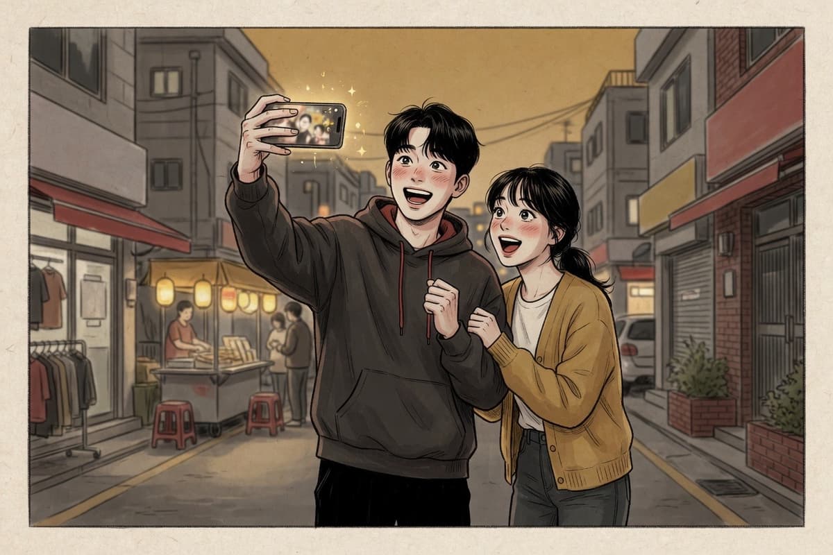 Two Korean friends in their twenties on a city street, one holding up a phone while both react with open-mouthed delight
