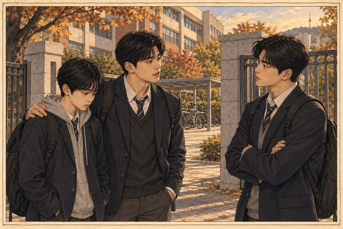 An 18-year-old Korean student keeps a hand on a 15-year-old's shoulder while telling a classmate the younger boy is under his wing