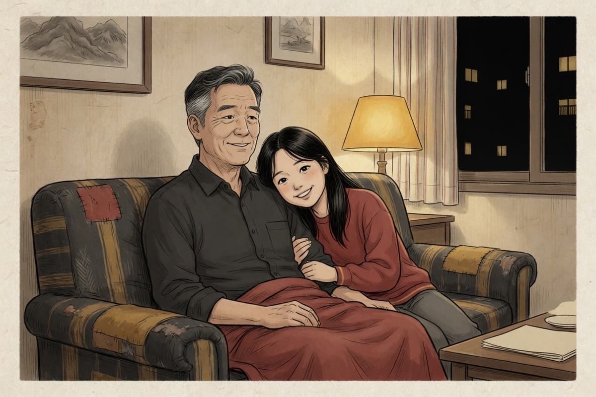 A Korean father in his fifties sits on an apartment sofa while his adult daughter in her twenties leans on his shoulder; he pretends to be unbothered