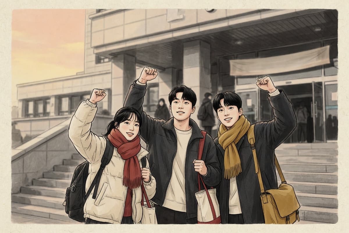 Three Korean friends in their twenties outside an exam hall, one raising a fist while the others copy the gesture with warm, determined smiles
