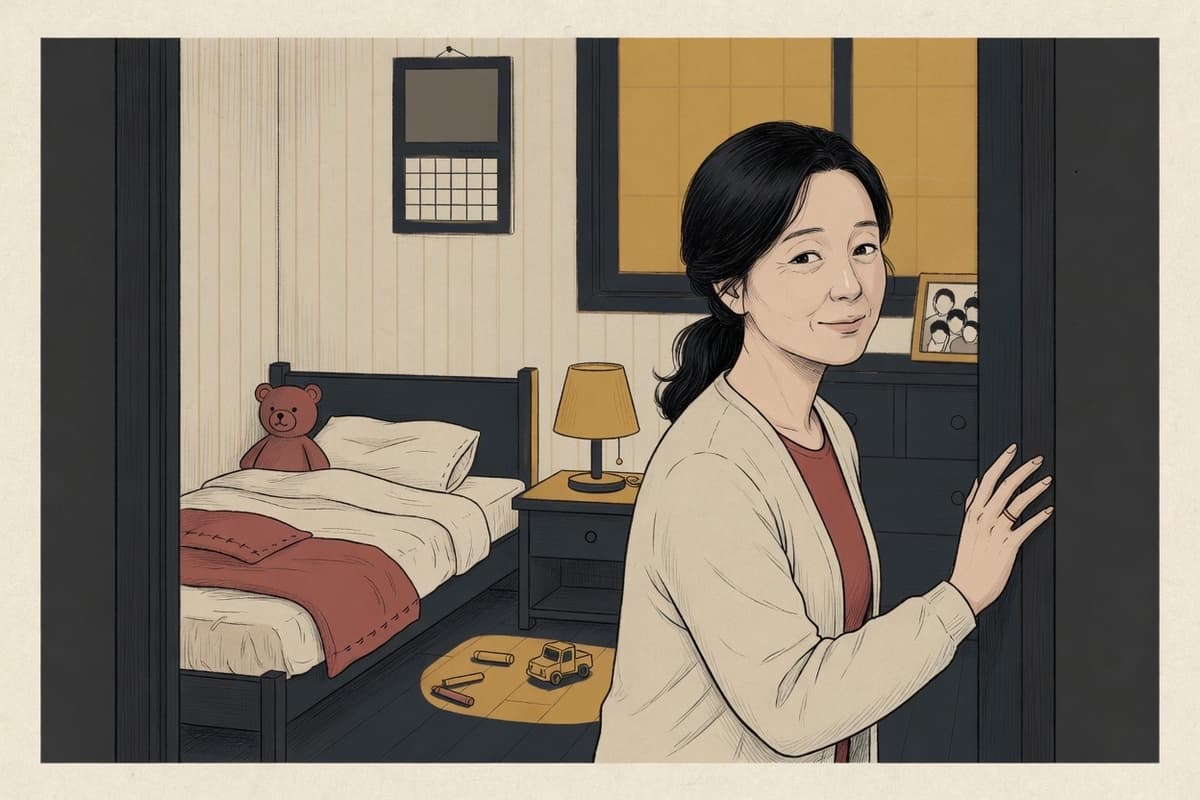 A Korean parent in their forties switching off a bedside lamp in a child’s room, hand resting on the doorframe before leaving