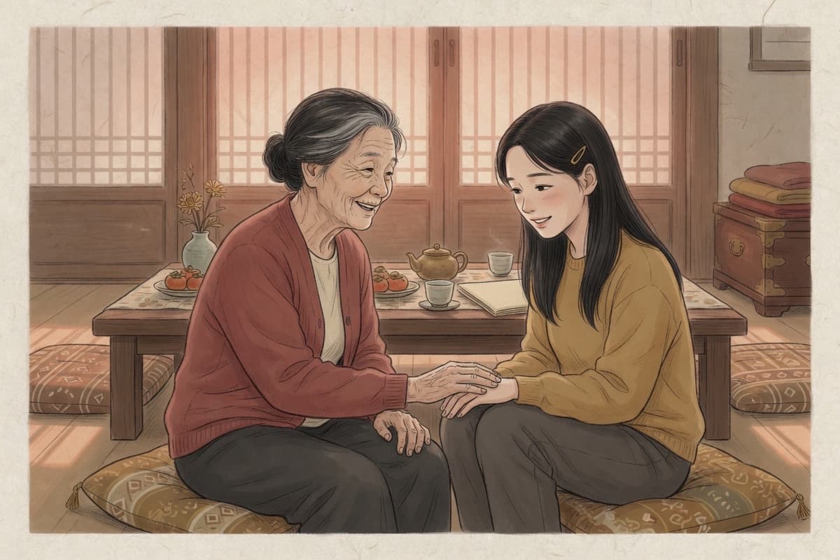 A Korean grandmother in her seventies pats her adult granddaughter’s hand as they sit close together on floor cushions
