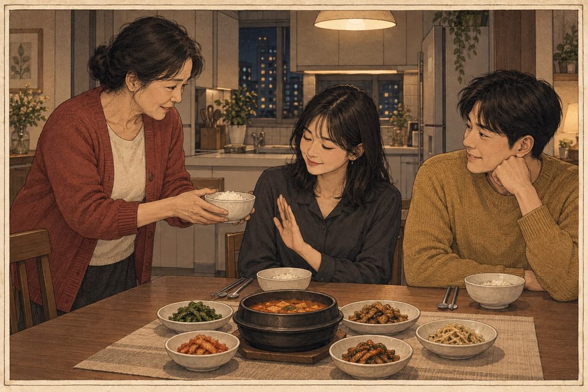 At a Korean apartment dinner table, a woman in her late fifties offers a bowl of rice to her son's 27-year-old girlfriend, who smiles and politely declines with a raised palm while the son watches, amused