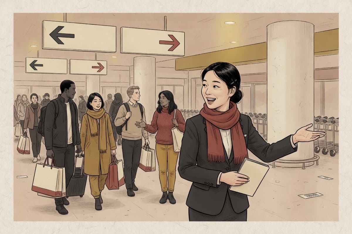 In a crowded international airport arrivals hall, travellers of many nationalities hold Korean-brand shopping bags while a Korean staff member in her twenties directs the flow