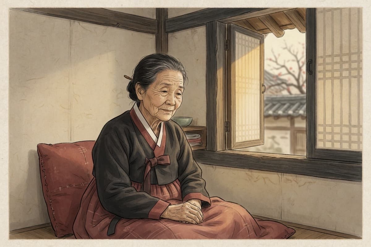 An elderly Korean woman in her eighties sits alone by a window in afternoon light, hands folded, expression composed rather than weeping
