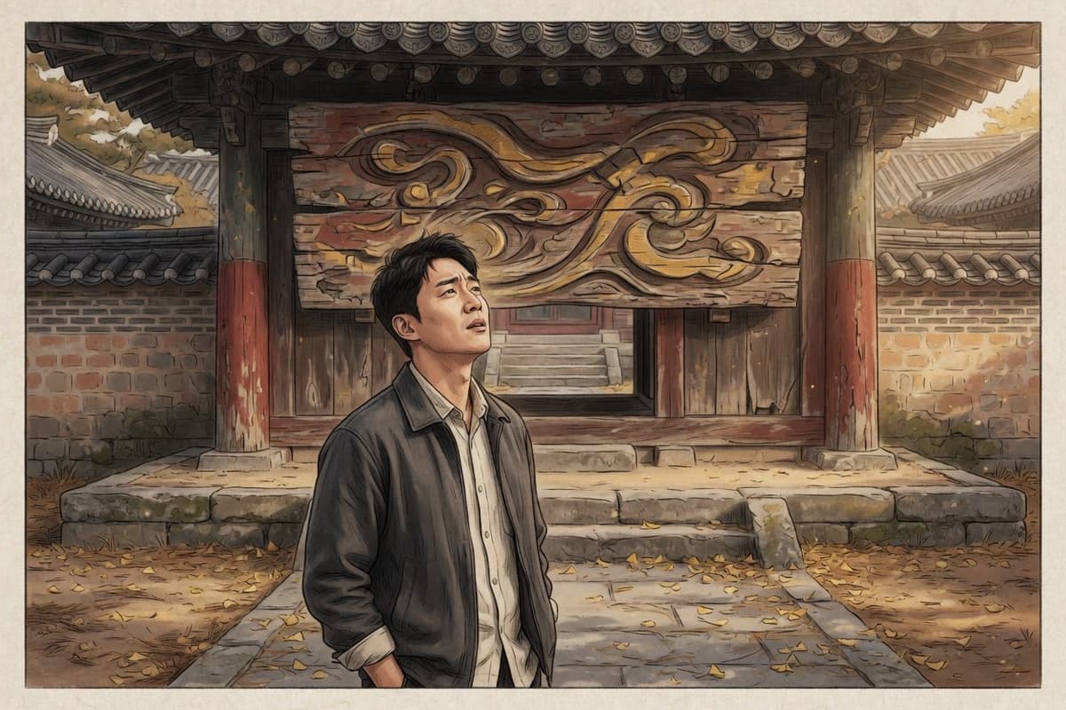 A Korean man in his early thirties stands before an old temple gate, head tilted as he studies a carved wooden plaque he only half recognizes