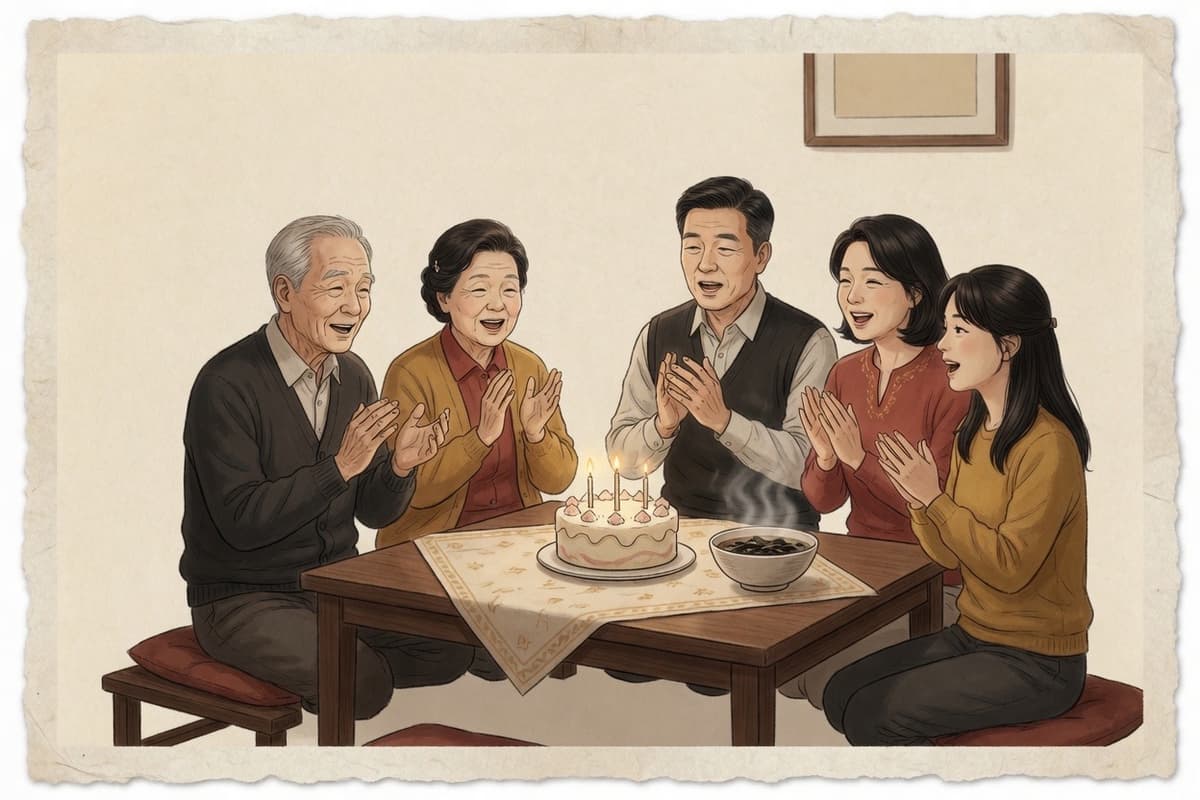 Three generations of a Korean family gather around a table with a cake and a bowl of seaweed soup, mid-song with warm smiles
