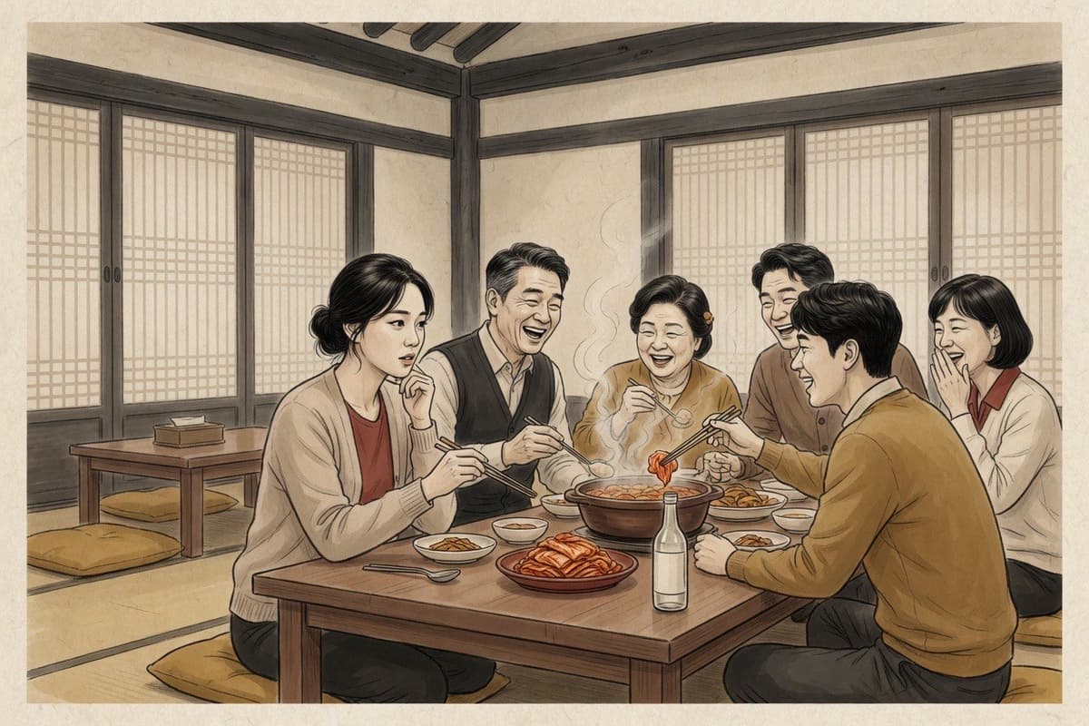 At a Korean dinner table of six, one adult quietly watches faces and pauses before speaking while others chat and pour drinks