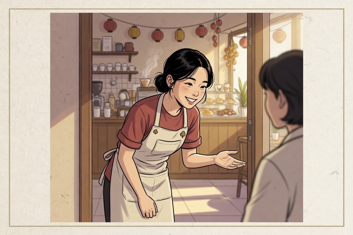 A young barista bowing slightly with a warm smile as she greets a customer at a bright Korean cafe doorway in morning light