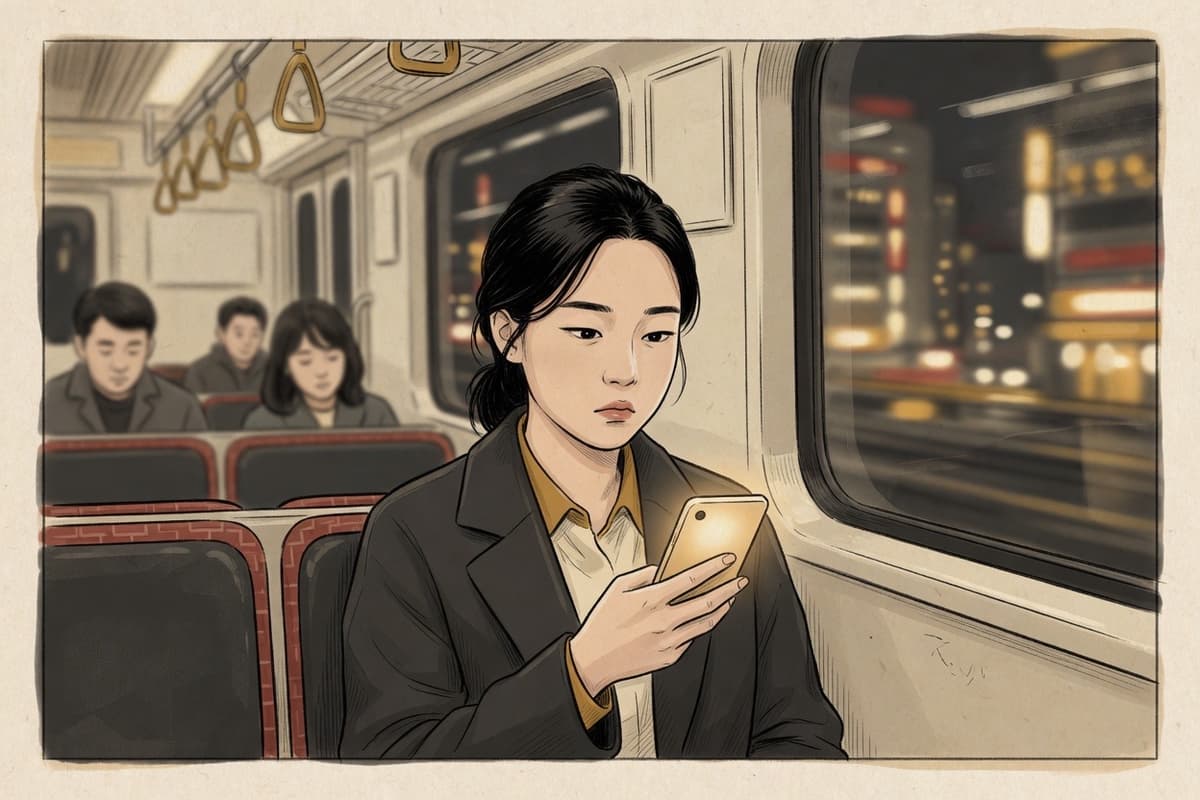 A Korean woman in her mid-twenties on a Seoul subway stares at her phone with a flat, deadpan you-have-got-to-be-kidding expression