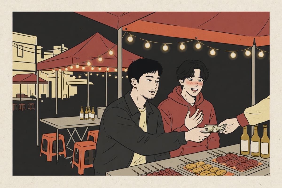 Two young men at a late-night street food stall; the older one reaches for the bill while the younger protests half-heartedly