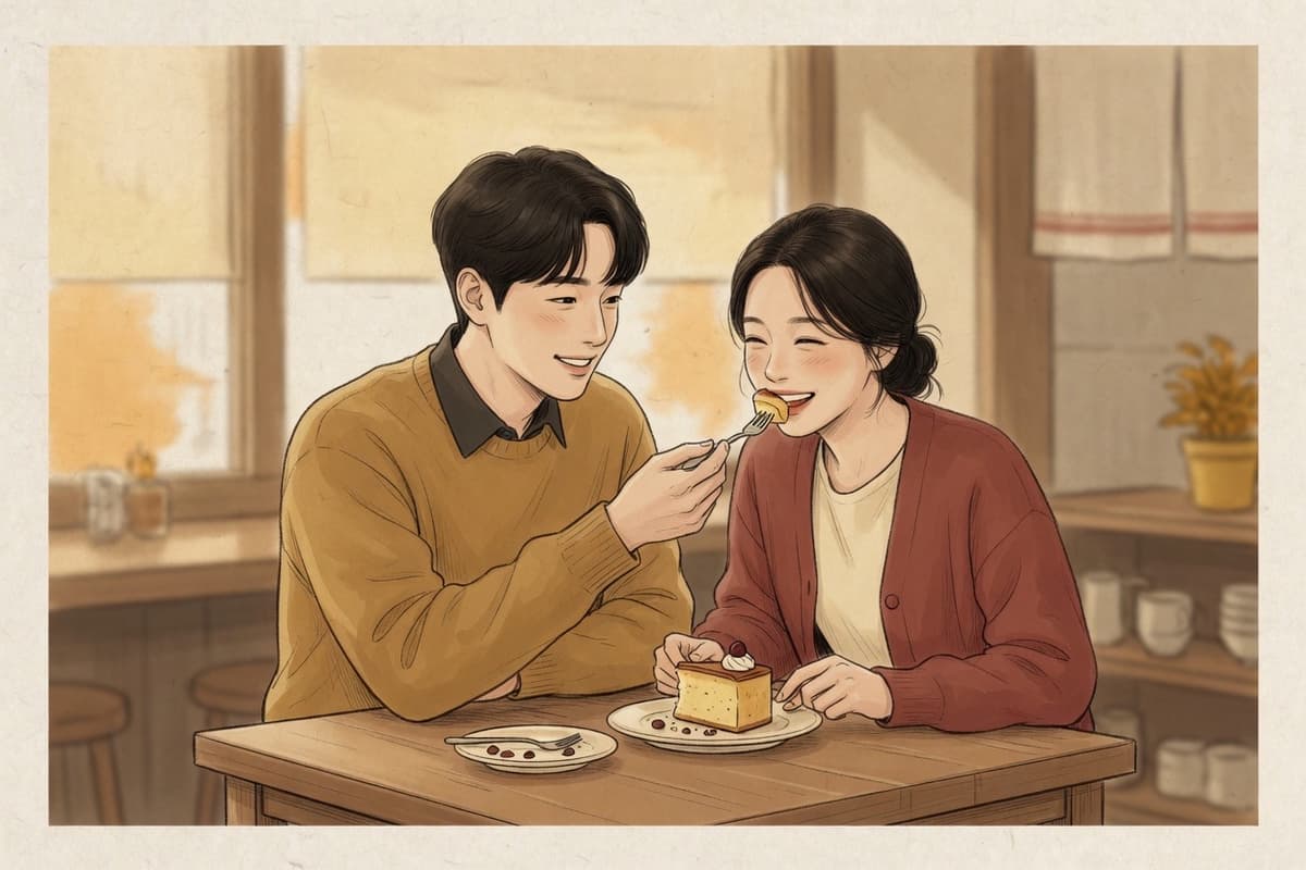 A young Korean couple in their late twenties at a cafe table, one feeding the other a shared dessert