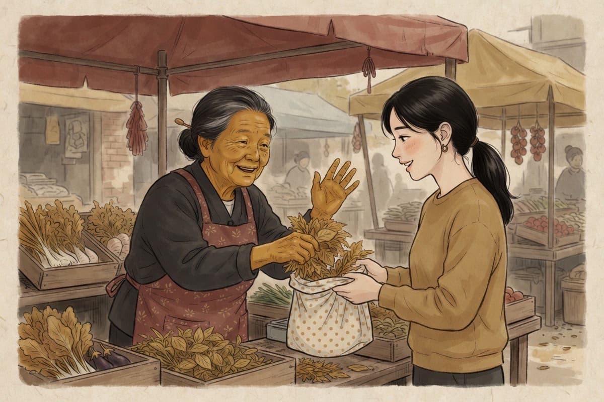 An elderly Korean market vendor in her seventies presses an extra handful of vegetables into a young customer’s bag and waves off payment