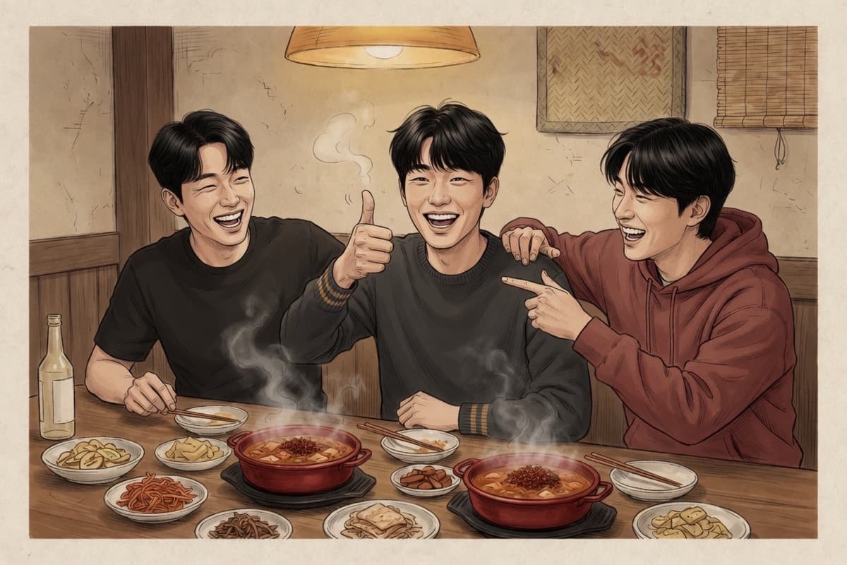 A young Korean man in his twenties gives an enthusiastic thumbs-up at a table while friends of the same generation laugh around him