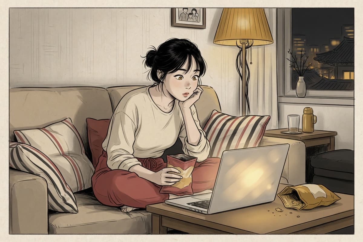 A Korean person in their twenties on a sofa at night watches a drama on a laptop, snacks nearby, fully absorbed in the abstract screen glow