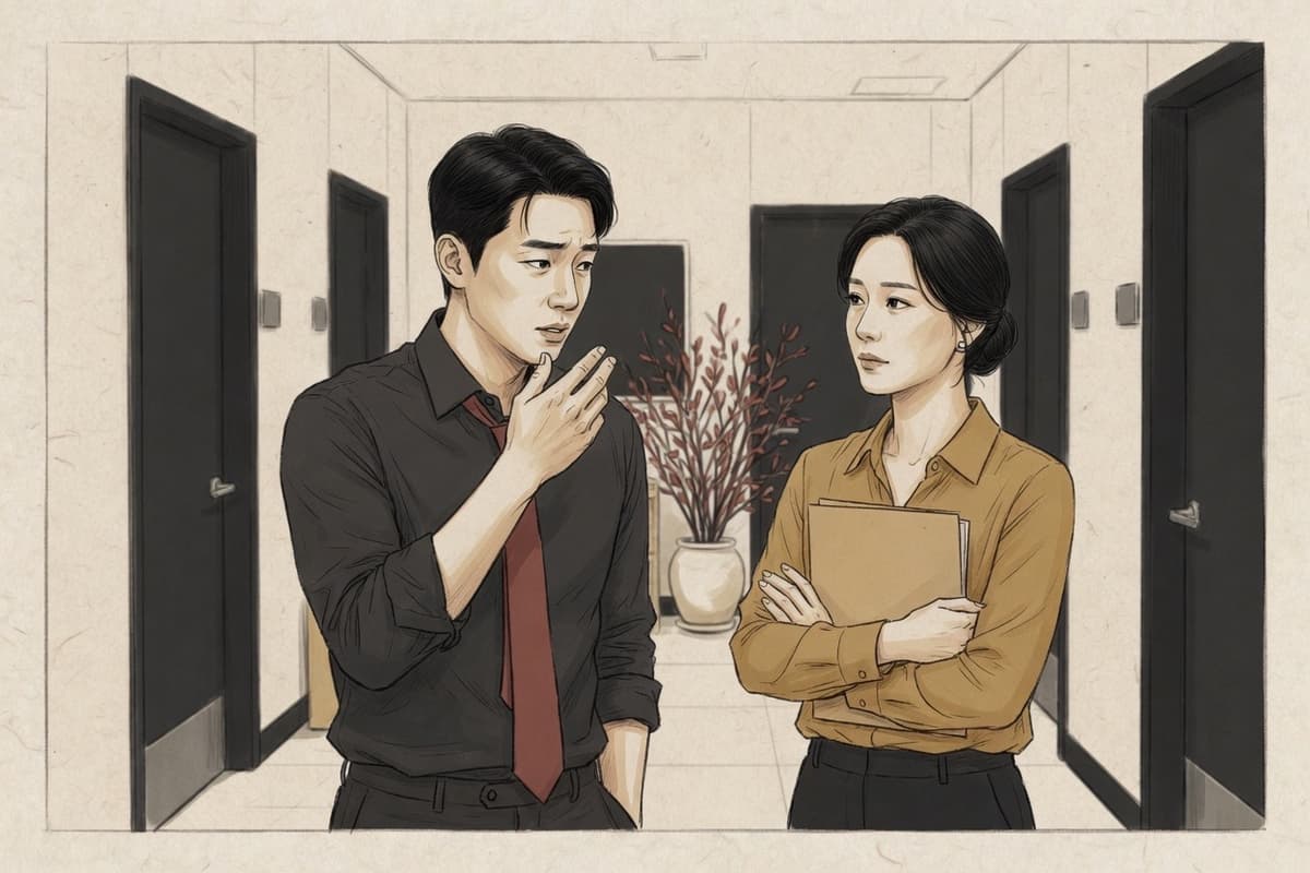 Two Korean colleagues in their thirties pause in an office hallway; one carefully chooses words while the other waits with a careful face