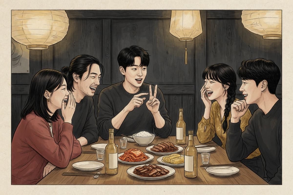 Five Korean adults in their twenties at a bar first meeting, one counting ages on fingers while the others laugh