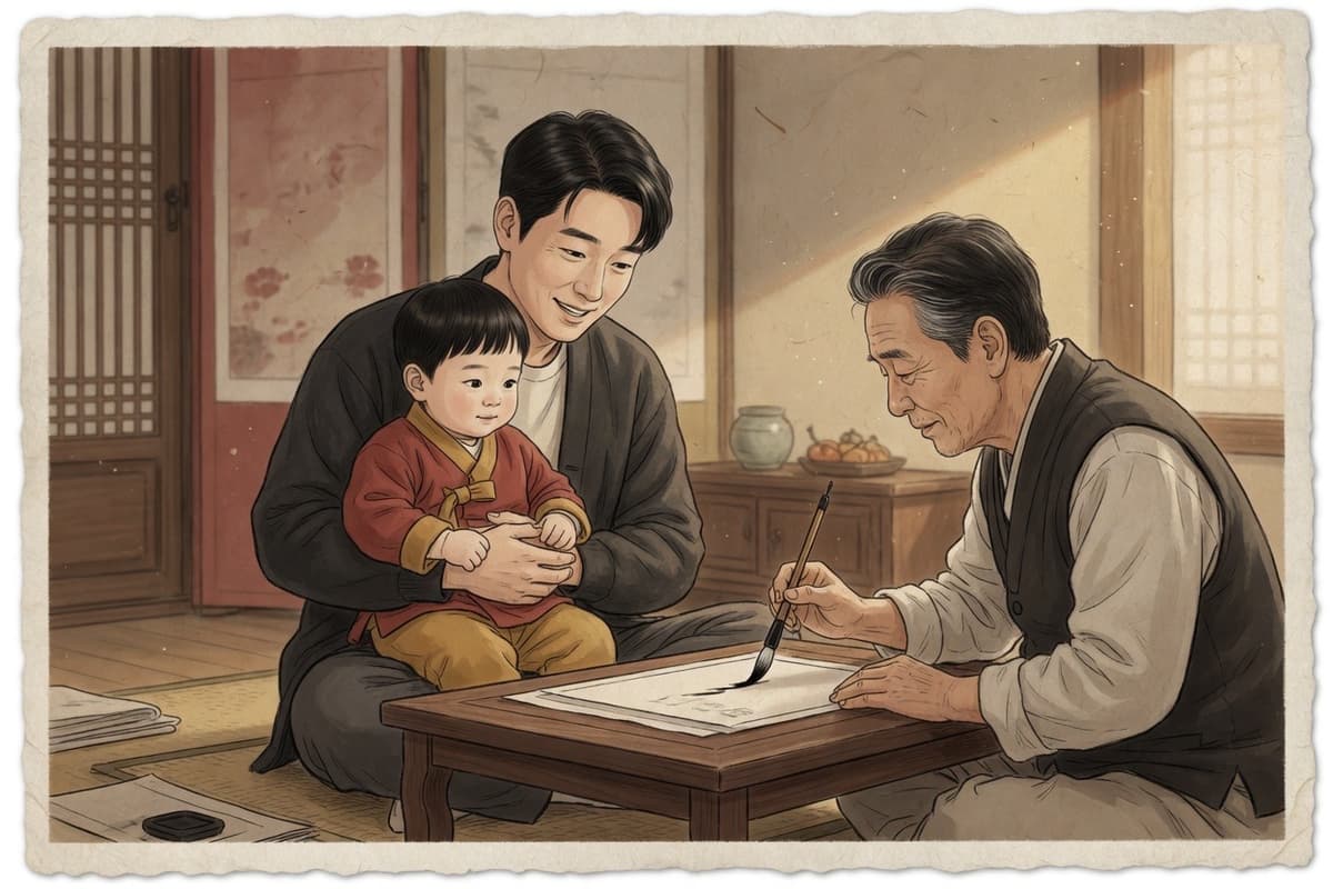 A Korean father in his thirties holds a toddler son on his lap at a low table while an older relative writes beside them
