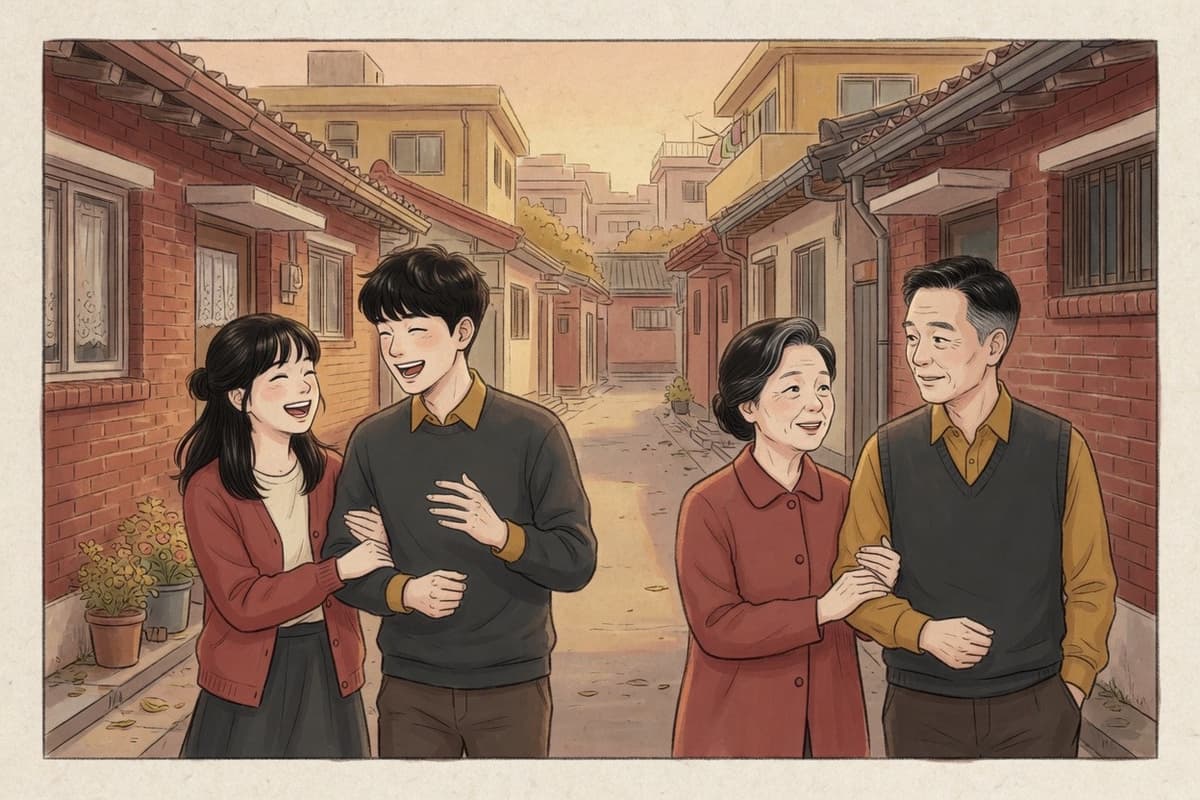 A playful Korean couple in their twenties and a calm Korean couple in their sixties pass each other mid-conversation on a Seoul street