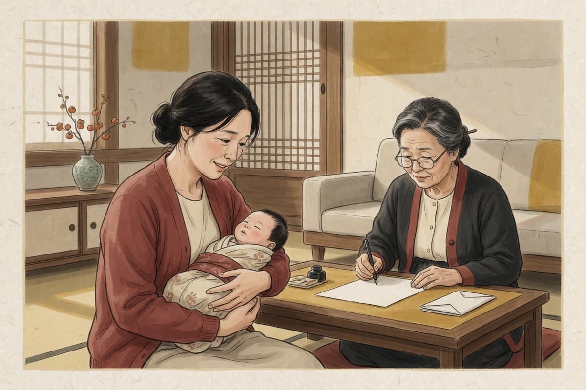 A Korean mother in her thirties holds a newborn while an older relative in her sixties writes carefully on paper beside them