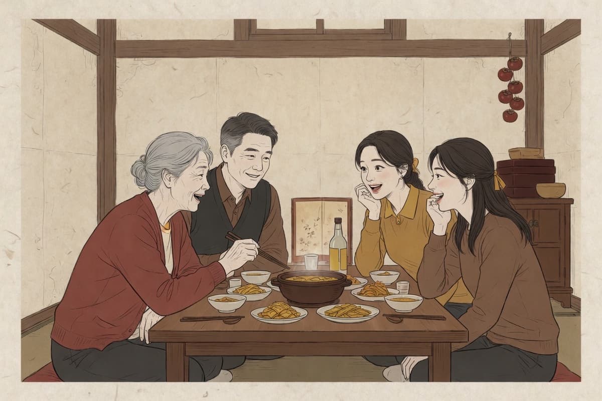A multi-generation family gathers around a low table, leaning in mid-conversation as ages and relationships quietly sort the room