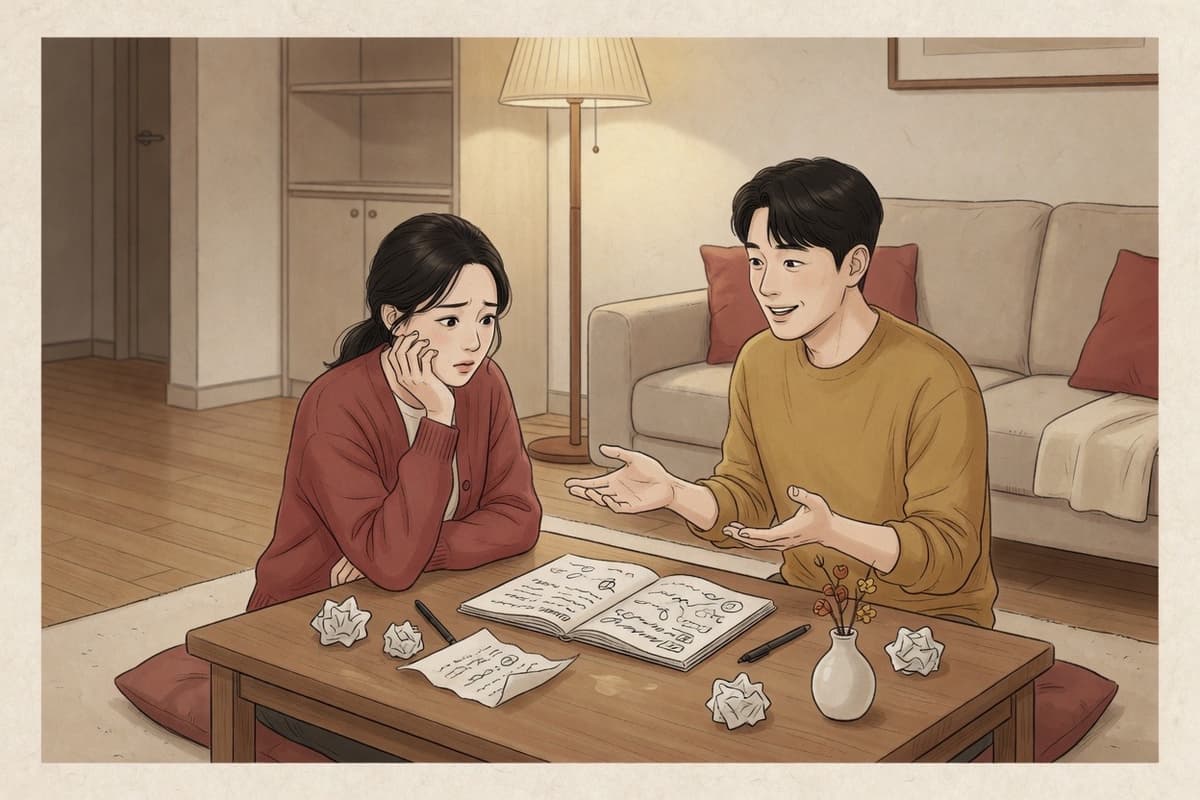 A Korean couple in their early thirties sit at a low table with an open notebook, choosing a name for a coming baby in a warm home interior