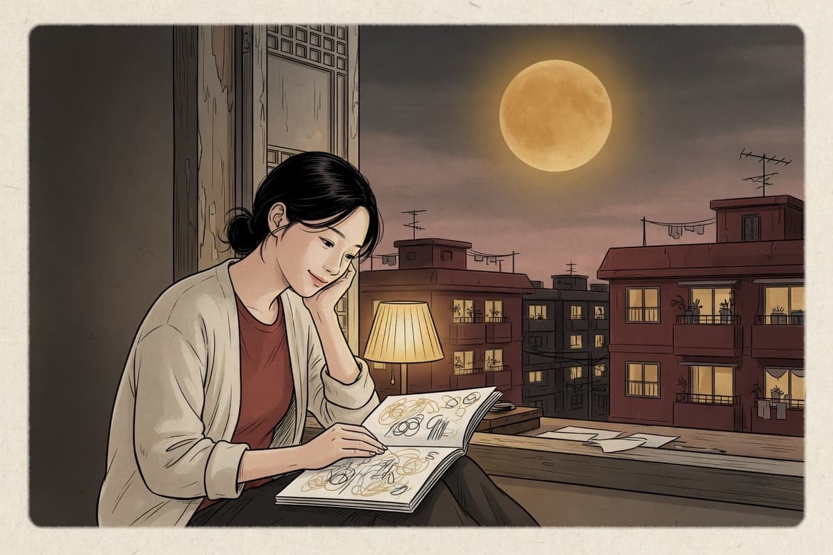 A Korean woman in her early thirties sits by a window at dusk with a notebook open, a full moon visible outside, quiet and thoughtful