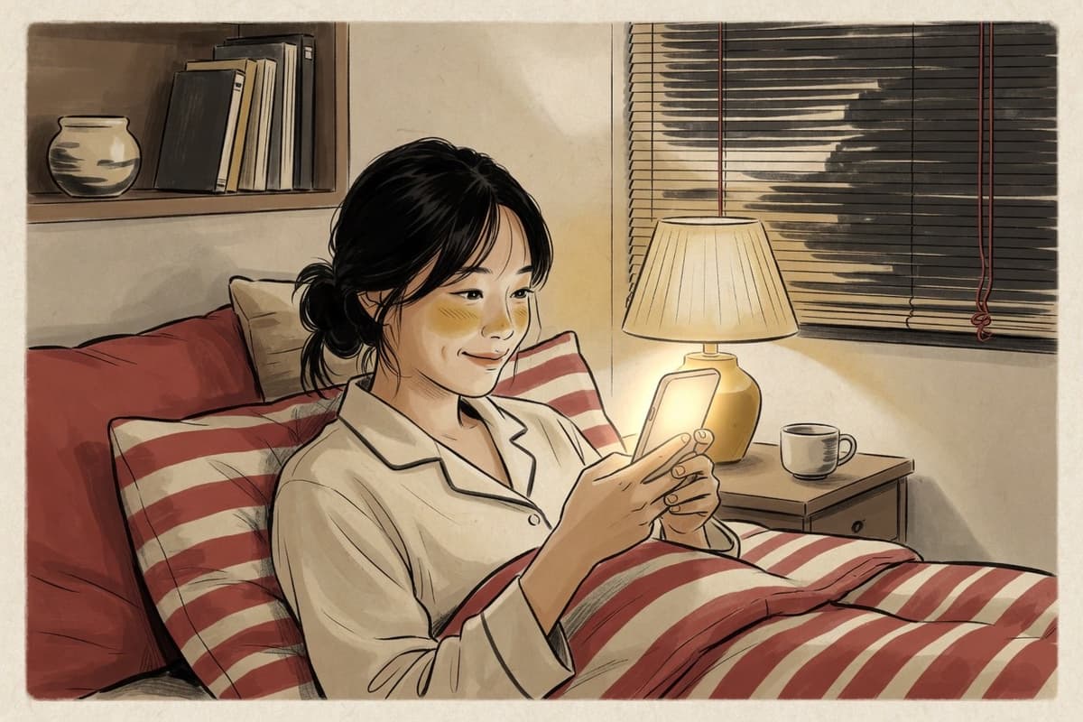 A Korean person in their early twenties lies in bed at night under warm lamp light, absorbed in a glowing phone screen