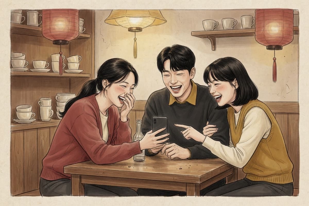 Three Korean friends in their early twenties at a cafe table lean in laughing at one phone held between them