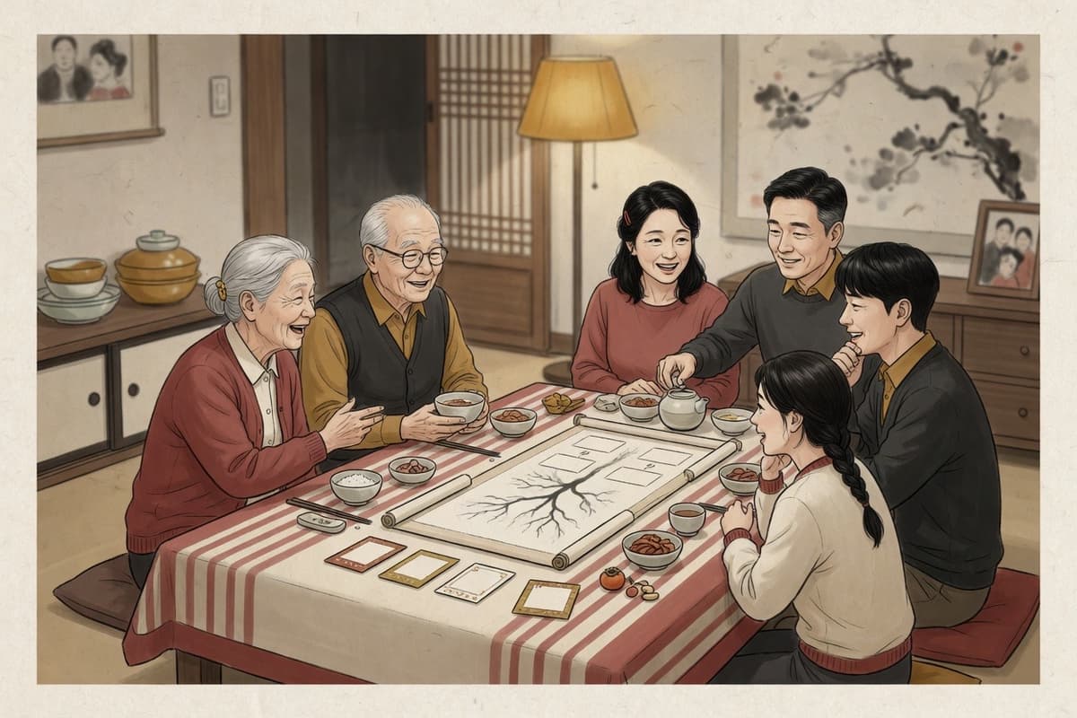 Three generations of a Korean family gather around a dining table with a family-tree scroll and name cards that show shapes but no readable letters
