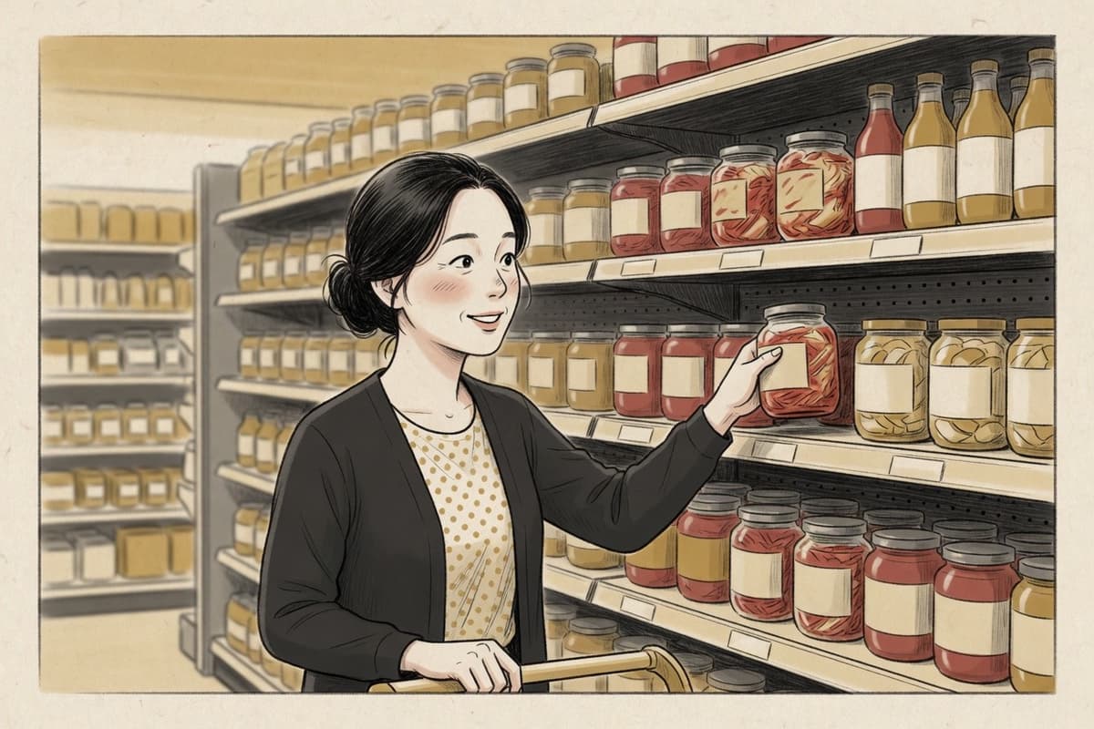 In a Western supermarket aisle, a shopper in her thirties lifts a jar of kimchi while other Korean products line the shelf beside her