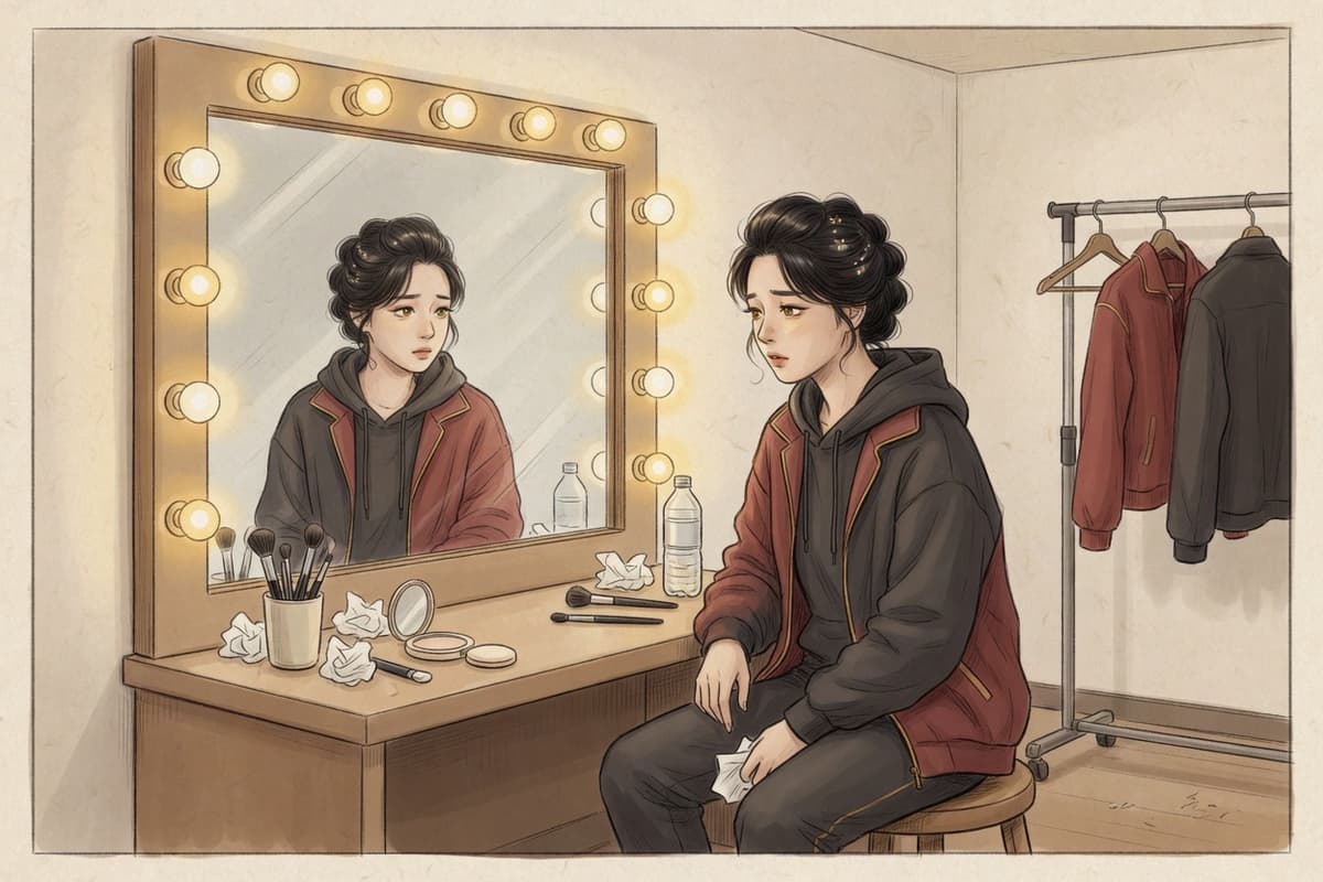 A Korean performer in their early twenties sits at a dressing-room mirror, half in stage styling and half relaxed, quiet between the two versions of themselves