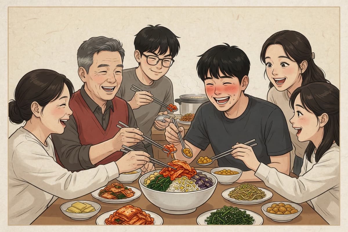 At a Korean family dinner table, the youngest adult son grins as everyone piles side dishes onto his bowl—embarrassed and loved at once