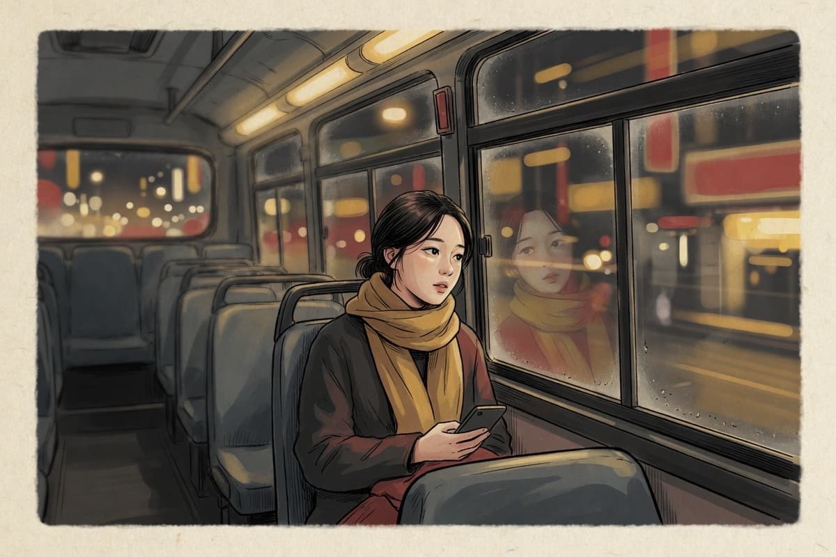 A young Korean woman in her twenties at a night bus window seat, phone in hand, looking out at city lights