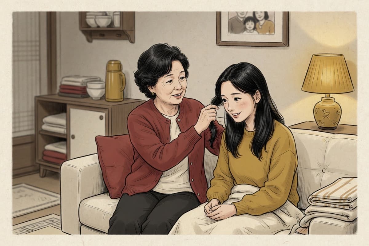 A Korean mother in her fifties tucks her adult daughter's hair behind her ear as they sit close on a small apartment sofa mid-conversation