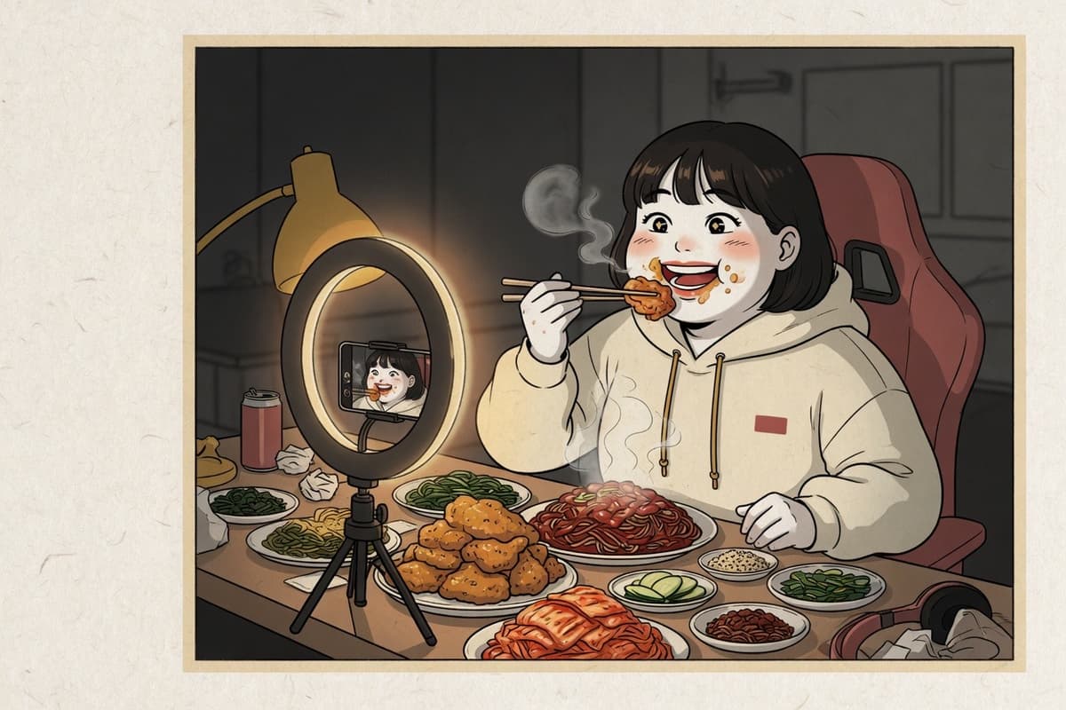 A cheerful young streamer seated before a huge spread of Korean food, mid-bite, beaming at a ring-lit camera