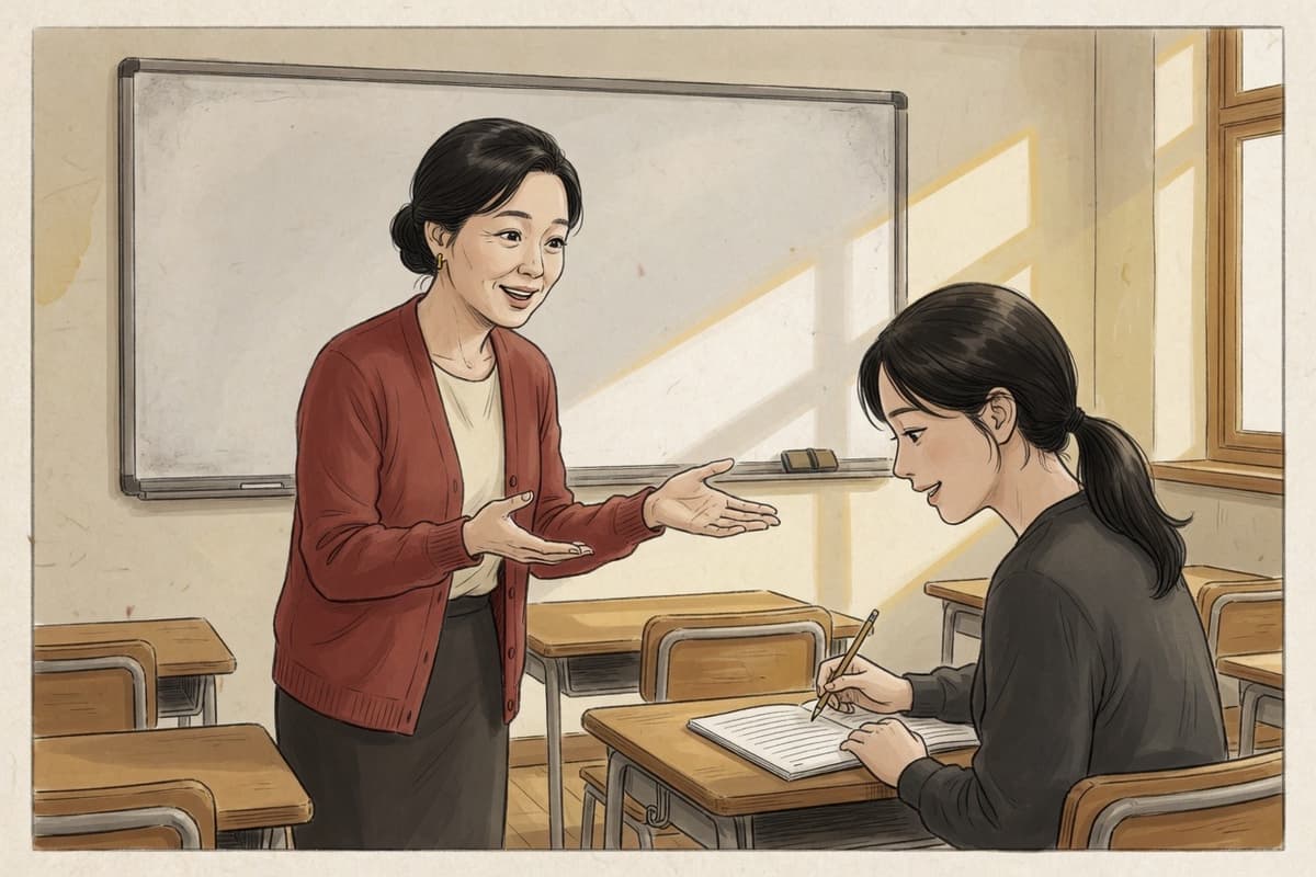 A Korean language teacher in her thirties stands beside a whiteboard and gestures toward a seated adult student writing in a notebook