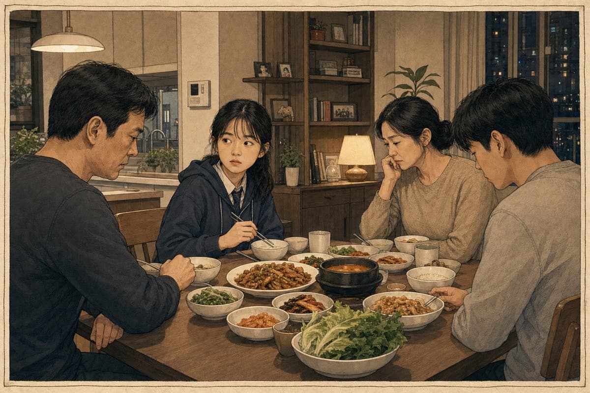 At a modern Korean family dinner, a thirteen-year-old girl quietly notices tension between the adults and pauses before reaching for food