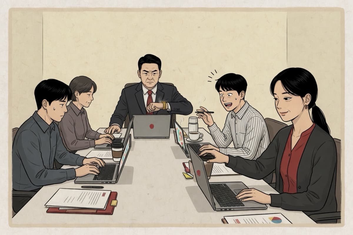In a Korean office meeting gone quiet, one perceptive employee reads the room while an oblivious colleague keeps talking