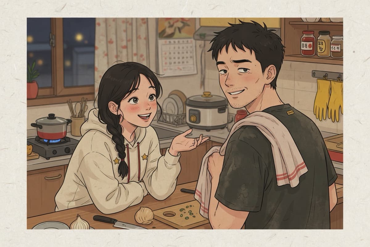 A younger sister grinning as she asks her tired but fond older brother for a favor in a Korean home kitchen at night