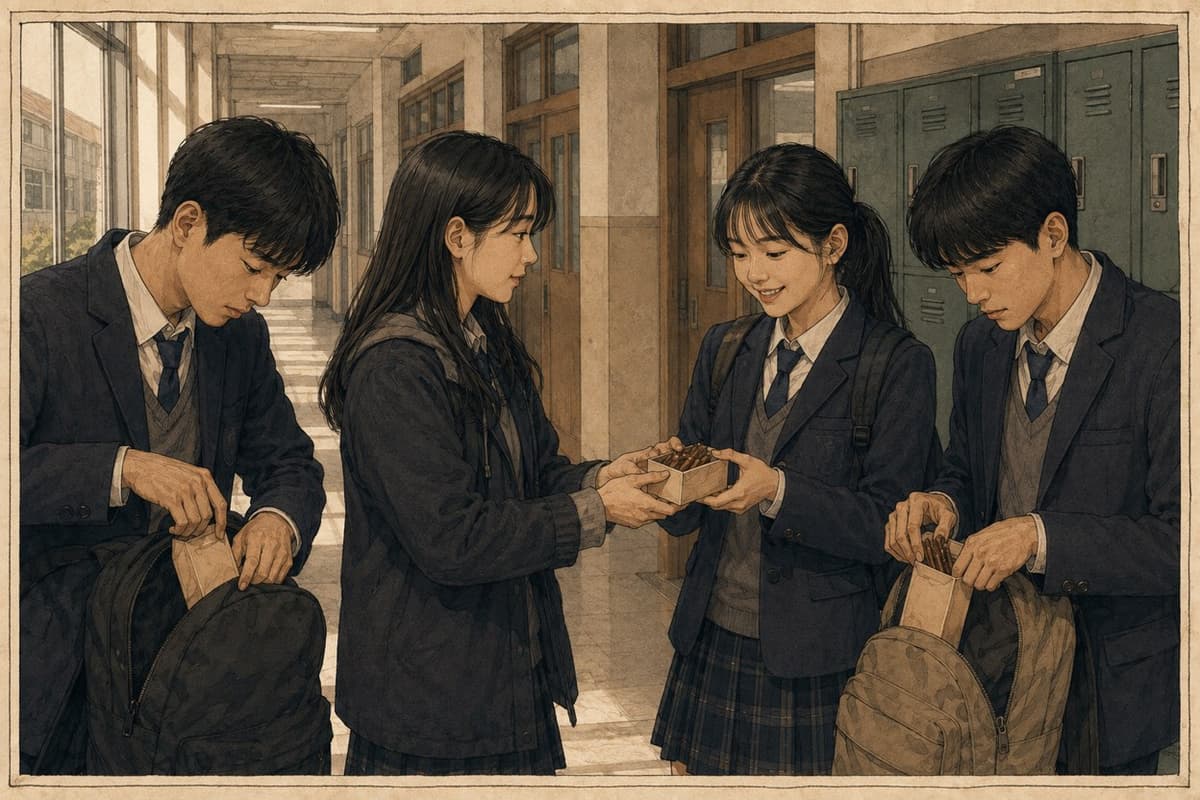 Four Korean high school students in a school corridor, one handing a friend a small box of thin stick snacks while two others pull their own boxes from their bags
