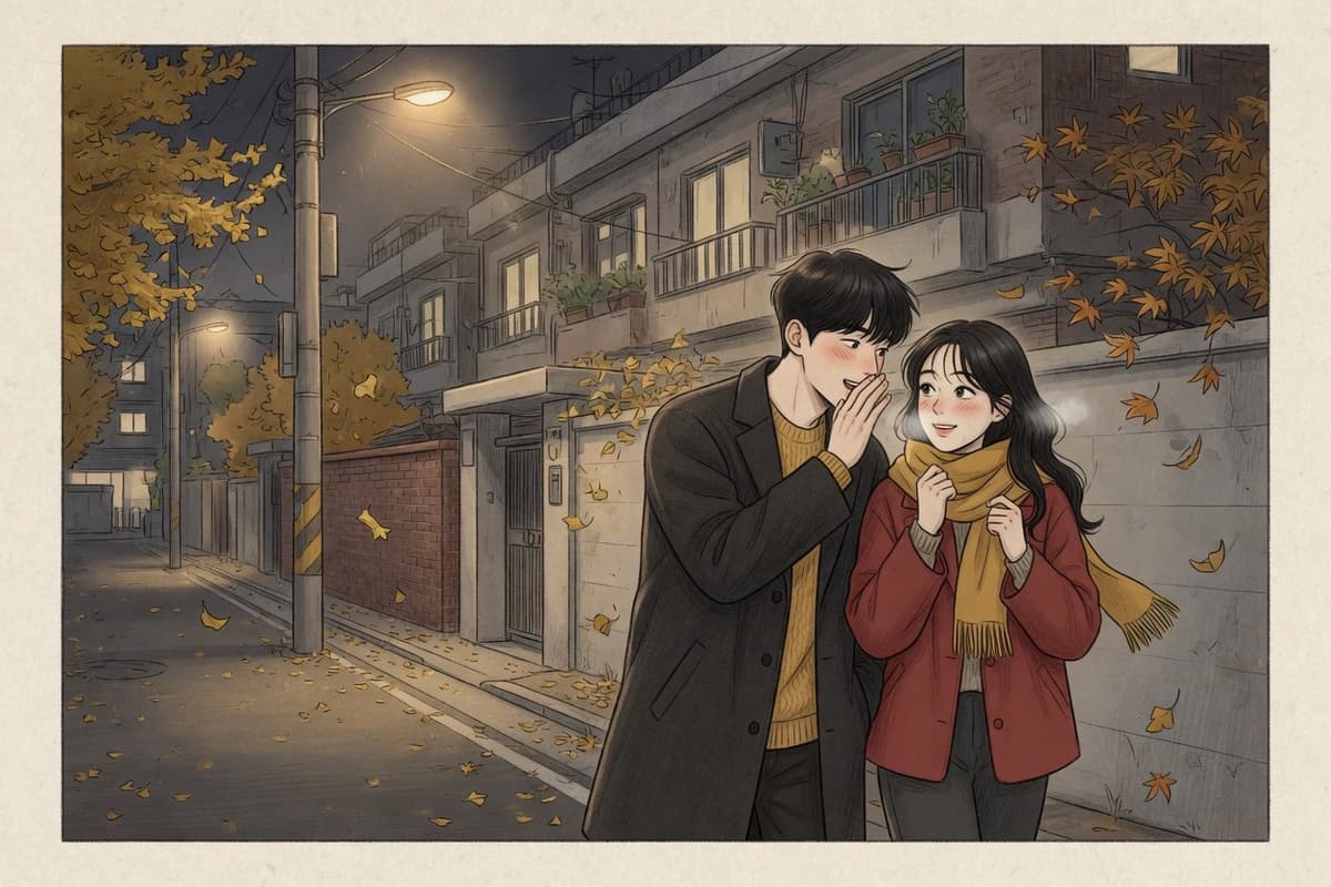 A young Korean couple on a night walk, one speaking quietly while the other looks surprised and pleased